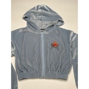 Baby‎ Girl Velour Hoodie Jacket Blue Flame Heart Wings Zip Up Cropped XS